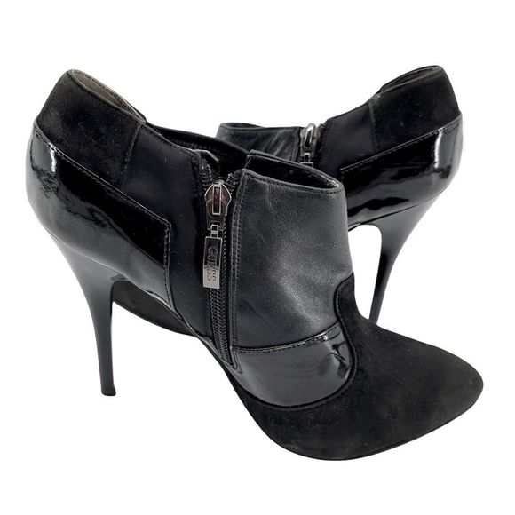Guess Shoes - GUESS Black Patchwork Patent Leather Side Zip High Heel Ankle Booties Size 8